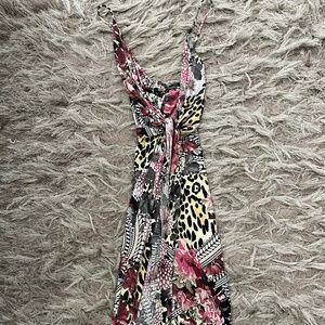 Spaghetti strap printed dress with slit.